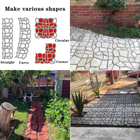 Heavy Duty Concrete Molds Large Size For DIY Paving, Reusable Cement Molds For Patio And Garden Paths, DIY Stepping Stones And Pavers, 34x34 Cm, 30x30 Cm, 43x43 Cm, Durable Plastic Forms shown in various paving patterns