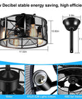 18 Inch Caged Ceiling Fan With Light And Remote Dope Industrial Farmhouse Style Modern Flush Mount For Living Room Bedroom Kitchen Black E26 Enclosed Design with size and component details