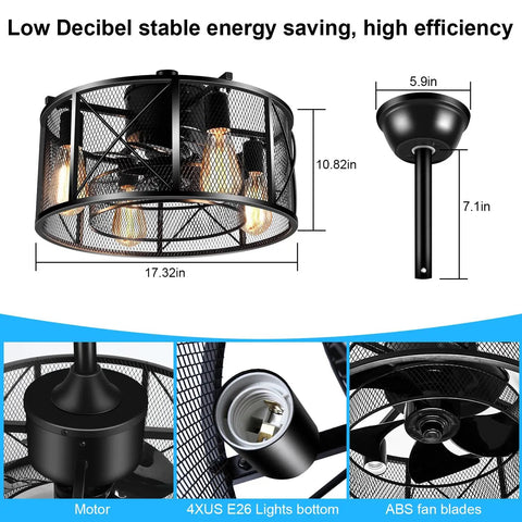 18 Inch Caged Ceiling Fan With Light And Remote Dope Industrial Farmhouse Style Modern Flush Mount For Living Room Bedroom Kitchen Black E26 Enclosed Design with size and component details