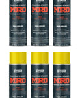 Industrial-Grade High Solids Spray Paint In Safety Yellow, 16 Oz Aerosol Can, 6-pack on white background