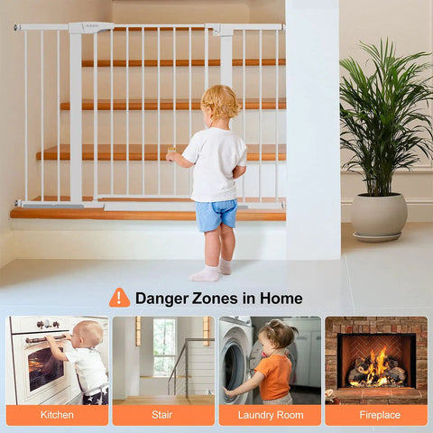 Child standing by 36 Inch Extra Tall Black Baby Gate For Stairs And Doorways, 29 To 48 Inch Wide, Metal Safety Auto Close Gate