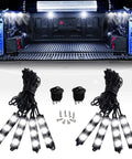8 Pod 24 LED Rock Light Kit for Trucks with Switch showcasing bright white lighting in cargo bed, durable waterproof design
