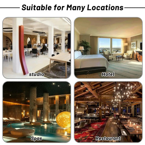 Various interior settings: studio workspace, hotel room, spa area, and restaurant dining space.