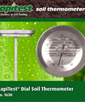 Dial Soil Thermometer With Stainless Steel Probe For Quick Soil Temperature Readings No Guesswork For Early Season Plantings And Transplants Easy Read Dial From Any Angle Germination And Transplant Guidelines Included Pack Of 1 with side and front view showing measurement markings.