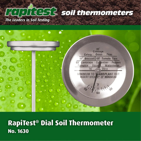 Dial Soil Thermometer With Stainless Steel Probe For Quick Soil Temperature Readings No Guesswork For Early Season Plantings And Transplants Easy Read Dial From Any Angle Germination And Transplant Guidelines Included Pack Of 1 with side and front view showing measurement markings.