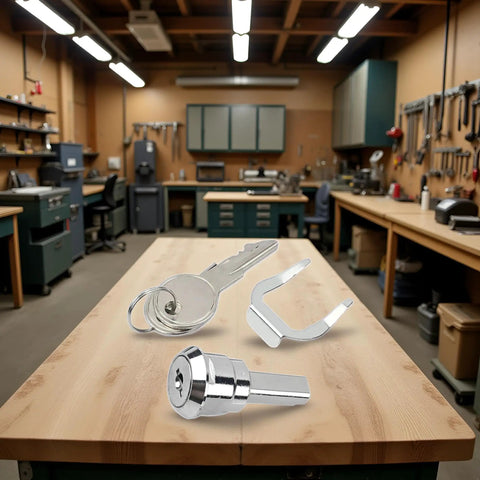 Sturdy Stainless Toolbox Lock And Cabinet Drawer Lock Set With 180 Degree Rotation Unlocking on workbench