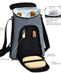 Party Squad Ready Two Bottle Insulated Wine Tote Bag With Houndstooth Pattern And Portable Cheese Cutting Board With Corkscrew Opener with adjustable strap.