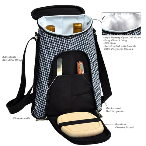 Party Squad Ready Two Bottle Insulated Wine Tote Bag With Houndstooth Pattern And Portable Cheese Cutting Board With Corkscrew Opener with adjustable strap.