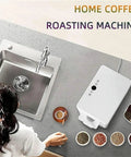Electric Coffee Roaster Machine With Adjustable Temp And Timer Non Stick Stir Fry Drum 1600W on kitchen counter with beans.