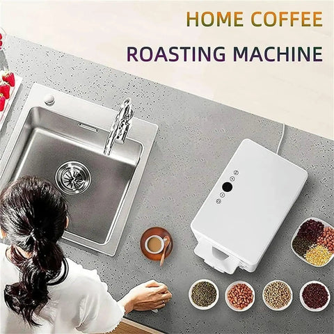 Electric Coffee Roaster Machine With Adjustable Temp And Timer Non Stick Stir Fry Drum 1600W on kitchen counter with beans.