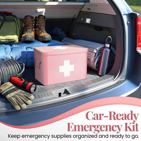 Pink Vintage 13 Inch Metal First Aid Box Organizer With Removable Tray, Adjustable Dividers, And White Cross Logo in car trunk