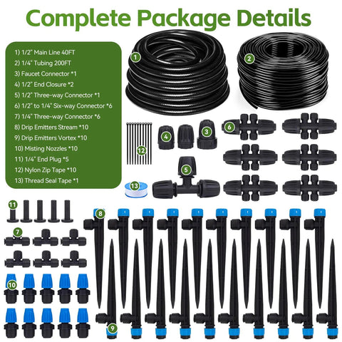 All In One 240 Foot Drip Irrigation Kit With Quick Connects For Raised Beds And Greenhouses Includes Half Inch Main Hose Quarter Inch Distribution Tubing 30 Sprayers Emitters Misters And All Fittings For Easy Automatic Watering No Fuss Setup, components displayed
