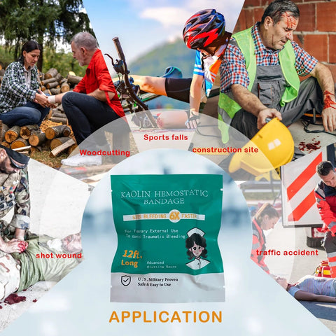 Kaolin hemostatic bandage in teal package, 12 ft long, for external bleeding control.