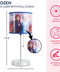 Frozen stick lamp with kid-friendly graphics and pull chain, 15.5" tall, durable metal base, perfect for kids' rooms.