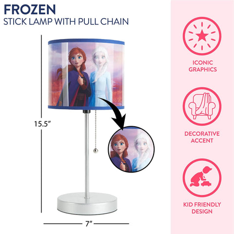 Frozen stick lamp with kid-friendly graphics and pull chain, 15.5" tall, durable metal base, perfect for kids' rooms.