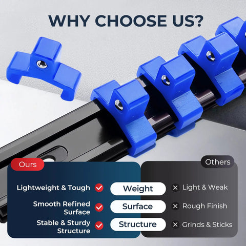 Beefy Heavy Duty Socket Organizer Rack With 64 Clips featuring blue clips on ABS rail highlighting lightweight and sturdy design.