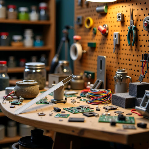 Electronics workbench cluttered with circuit boards, wires, and pliers on a pegboard wall