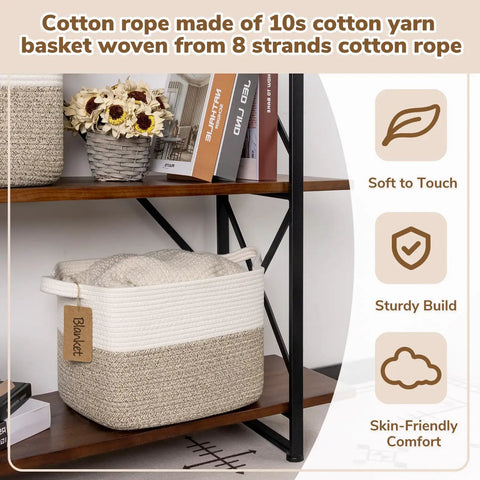 Cotton Rope Storage Basket With Handles For Toys Books And More, Label Ready Bin For Organizing, on a shelf styled with decor