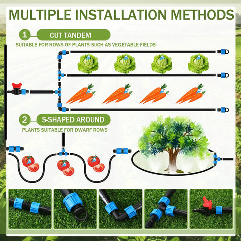 Diagram showing installation methods for 1000 Ft 5/8 Inch Drip Tape Irrigation Kit With 6-Inch Spacing, 8 Mil Wall Thickness, in gardens.