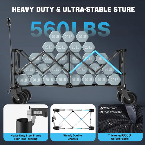 Heavy Duty 48 Inch XL Collapsible Wagon Cart With All Terrain Wheels And 560 Lb Capacity For Camping, Beach, Garden, Sports, Shopping And More Built To Haul Heavy Gear Everywhere