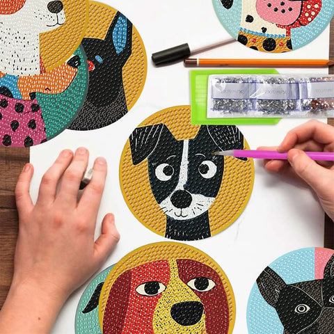Hands using 8 Pack Diamond Art Coaster Kit With Holder And Cork Pads, 5D DIY Puppy Diamond Painting Coasters For Adults And Beginners