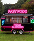 Commercial Grade Coffee Trailer And Mobile Hot Dog Cart Featuring Chef Ready Full Kitchen Setup With Plug And Play Wiring To Help You Crush Sales At Street Events. Neon burger food trailer with flashing lights.
