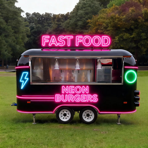 Commercial Grade Coffee Trailer And Mobile Hot Dog Cart Featuring Chef Ready Full Kitchen Setup With Plug And Play Wiring To Help You Crush Sales At Street Events. Neon burger food trailer with flashing lights.