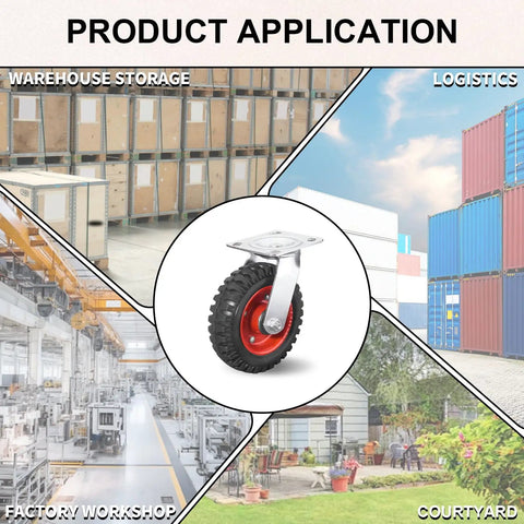 Heavy Duty Eight Inch Caster Set Of Four With Solid Rubber Tires displayed in warehouse, factory workshop, logistics, and courtyard settings.