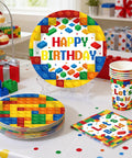 Complete Building Block Birthday Bash Decor Kit In One Box With Foil Balloons Bunting Strings Cupcake Picks And Vinyl Table Cloths For Totally Sick Kid Parties featuring colorful birthday plates and cups.