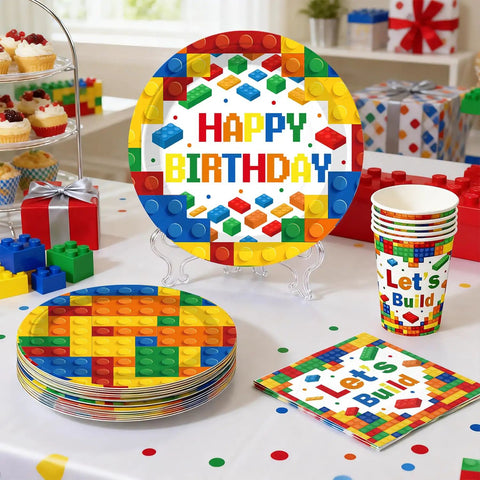 Complete Building Block Birthday Bash Decor Kit In One Box With Foil Balloons Bunting Strings Cupcake Picks And Vinyl Table Cloths For Totally Sick Kid Parties featuring colorful birthday plates and cups.