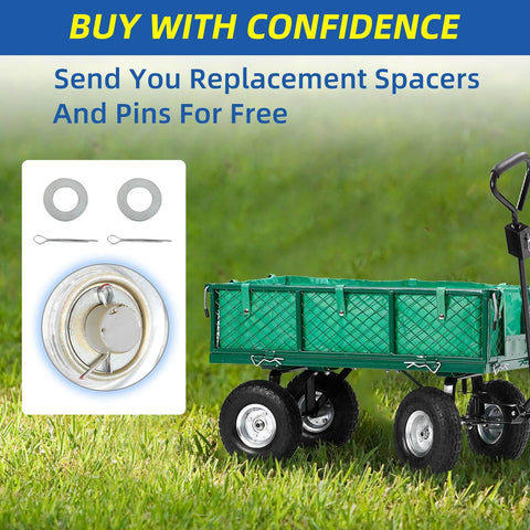 Flat Free Solid Tire And Wheel Set For Hand Trucks And Garden Carts on green lawn with replacement spacers and pins shown