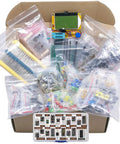 DIY Electronic Component Kit Assortment With Resistors, Capacitors, LEDs, Transistors, in box, 1870 pieces showcased.