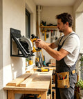 Man using a circular saw stored on a Wall Mount Tool Organizer For Garage And Workshop Space Saver Keeps Circular Saw And Power Tools