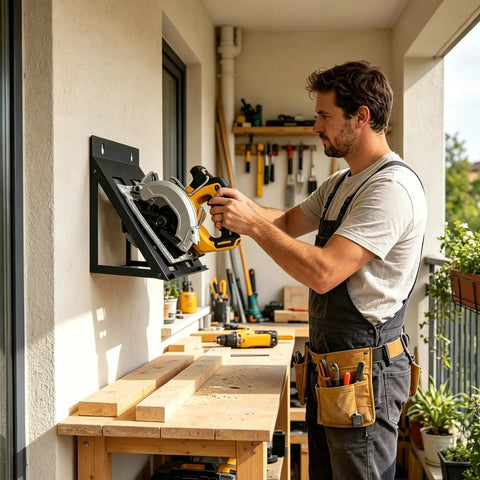 Man using a circular saw stored on a Wall Mount Tool Organizer For Garage And Workshop Space Saver Keeps Circular Saw And Power Tools