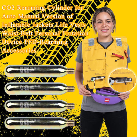 Person holding Rearming CO2 Cylinder Kit for Auto and Manual Inflatable Life Jackets and Vests 33 Gram Cartridges Four Pack