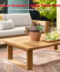 Natural wood outdoor coffee table with decor items, highlighting potential spot for 'Outdoor Coffee Table Cover Heavy Duty 600D Waterproof All Weather Protection Fits 48 By 26 By 18 Inch Tables And Small Patio Side Tables Built To Last Through Rain And Sun'.