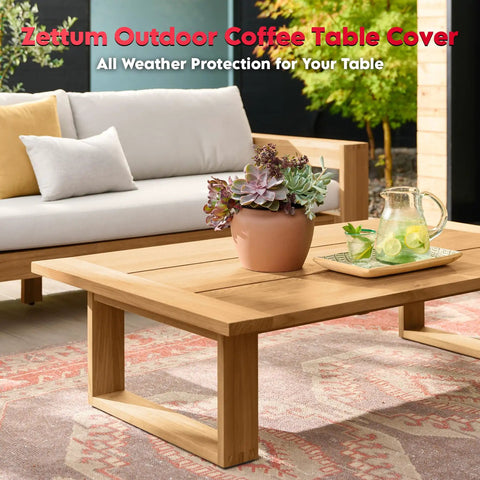 Natural wood outdoor coffee table with decor items, highlighting potential spot for 'Outdoor Coffee Table Cover Heavy Duty 600D Waterproof All Weather Protection Fits 48 By 26 By 18 Inch Tables And Small Patio Side Tables Built To Last Through Rain And Sun'.