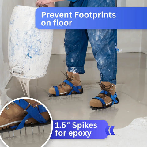 Person using adjustable strap lawn aerator shoes with 1.5 inch spikes for screed use and epoxy flooring on concrete surface.