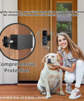 Anti Theft Video Doorbell Mount No Drill Outdoor Bracket installed on wooden door with dog and woman in background, durable plastic