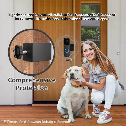 Anti Theft Video Doorbell Mount No Drill Outdoor Bracket installed on wooden door with dog and woman in background, durable plastic