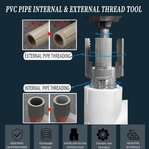 All In One 5 Piece Plumbing Threading Tool Kit With 1 Inch Die 3/4 Inch Die 1/2 Inch Die And Broken Bolt Extractor 40Cr Steel For PVC PPR Pipe Electric Drill Compatible DIY Friendly Pro Grade Plumbing Set showing internal and external pipe threading tools with before and after views.
