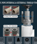 Dezaup 5 Piece Pvc Pipe Threader Kit And Heavy Duty Broken Bolt Extractor Set showing before and after of internal and external thread on PVC pipe.
