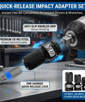 Convert Your Impact Wrench Into An Impact Driver With A Quick Release Adapter Set For One Half Inch Three Eighths Inch And One Quarter Inch Wrenches Featuring A One Quarter Inch Hex Quick Change Shank For Easy Drilling And Driving, shown with Cr-Mo steel adapter in a workshop.