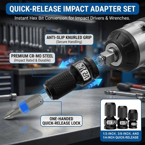 Convert Your Impact Wrench Into An Impact Driver With A Quick Release Adapter Set For One Half Inch Three Eighths Inch And One Quarter Inch Wrenches Featuring A One Quarter Inch Hex Quick Change Shank For Easy Drilling And Driving, shown with Cr-Mo steel adapter in a workshop.