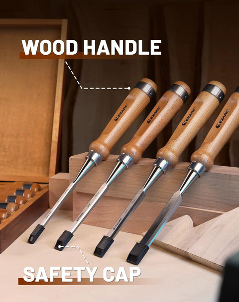 Close-up of wood handle chisels in Six Piece Pro Grade Wood Chisel Set With Premium Wooden Case For Carpenters And Craftsmen