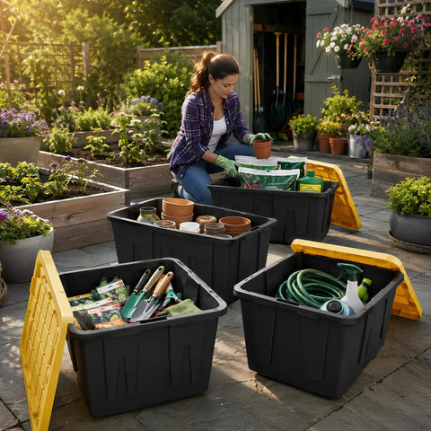 Tough As Nails Heavy Duty Storage Totes With Lids 27 Gallon Stackable Plastic Bins For Garage And Basement Organization Hassle Free Moving Containers To Carry All Your Seasonal Gear No Sweat