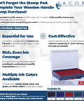 Infographic on benefits of wooden handle stamp with ink pad, featuring cost-effectiveness and multiple colors available.