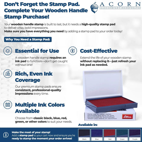 Infographic on benefits of wooden handle stamp with ink pad, featuring cost-effectiveness and multiple colors available.