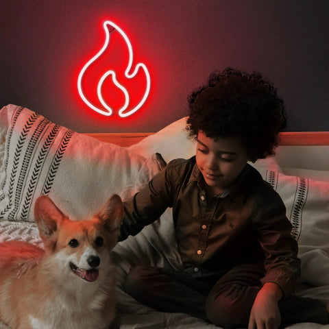 Lit Red Flame Neon Sign USB Powered With On Off Switch Dope Neon Light for Wall Decor above bed with child and dog