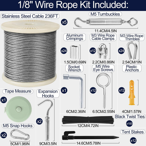 Built Tough One Eighth Inch Wire Rope Kit 236 Ft Stainless Steel Aircraft Cable With M5 Turnbuckles components image